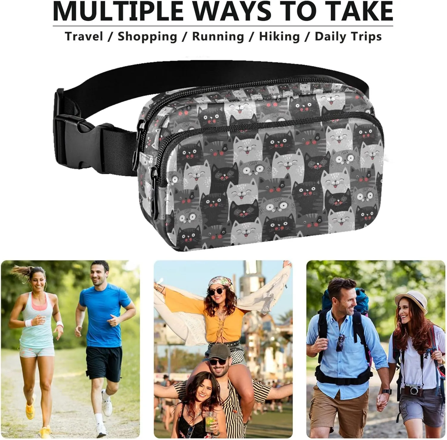 Cute Grey Cats Women Fanny Pack Hip Pack Belt Bag Waterproof Flower Crossbody Waist Purse