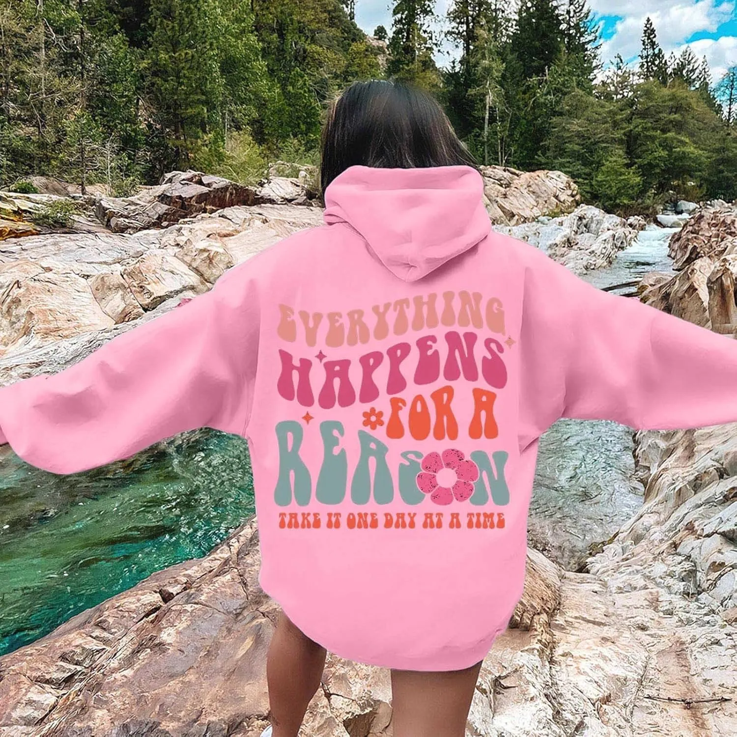 Cute Hoodies for Women Hooded Preppy Sweatshirt Pink Hoodie Oversized Letter Print Graphic Hoodies