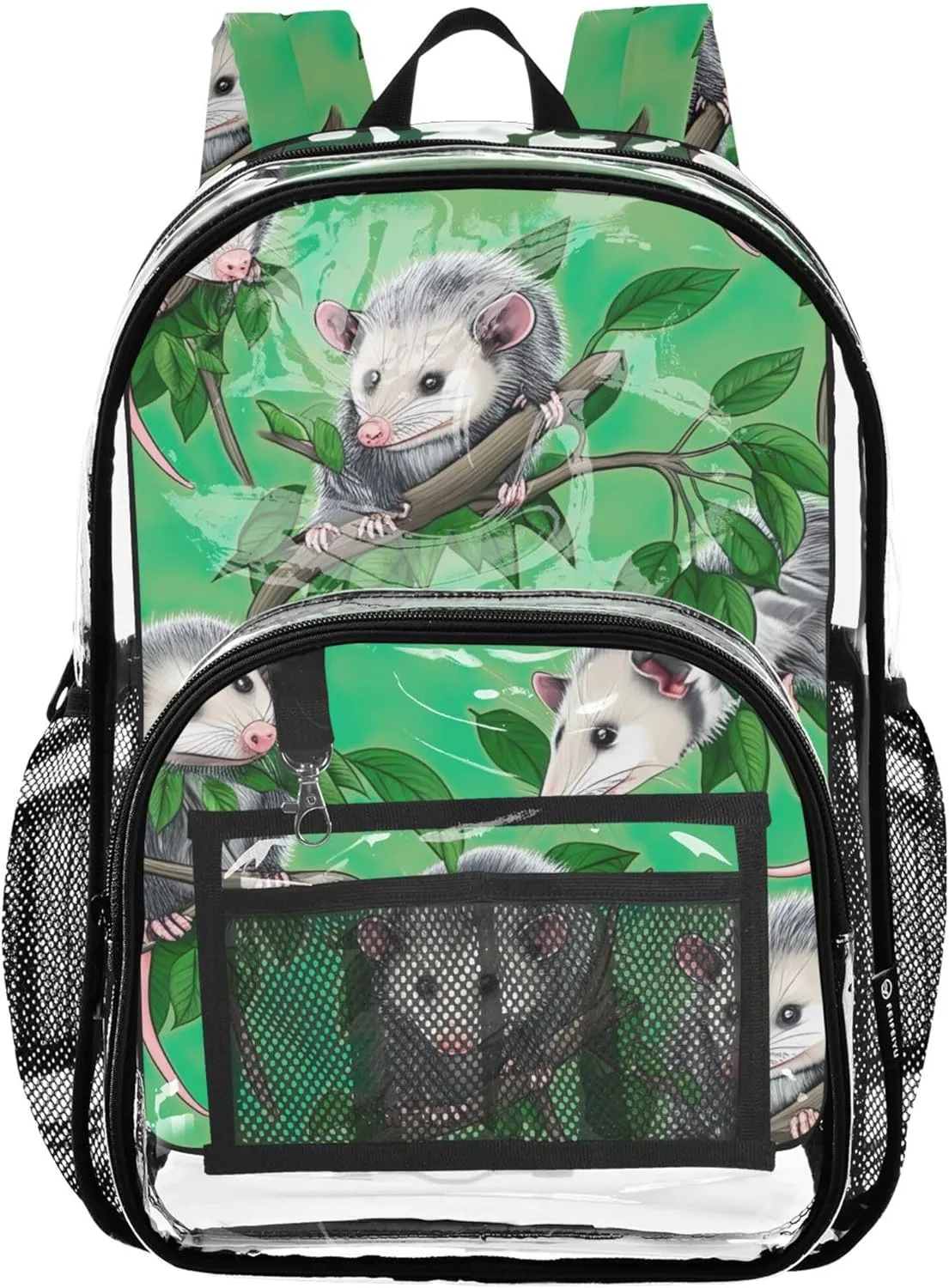 Cute Opossums Branches Green Travel Clear Bags for Women Girls Backpack for Kids Large Transparent School