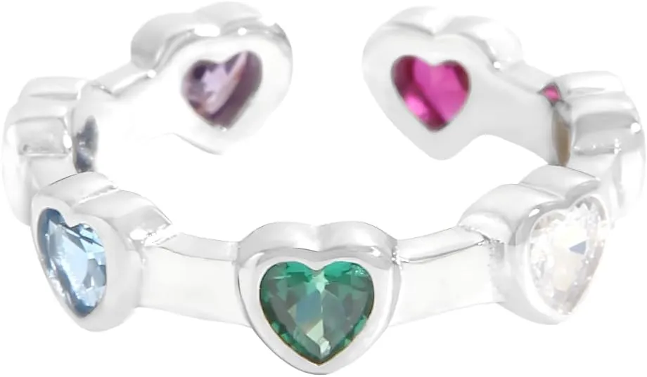Cute Rainbow Crystal Heart Rings for Women Zinc Alloy Jewelry Adjustable Open Band Stackable Charms Statement Handmade Gifts