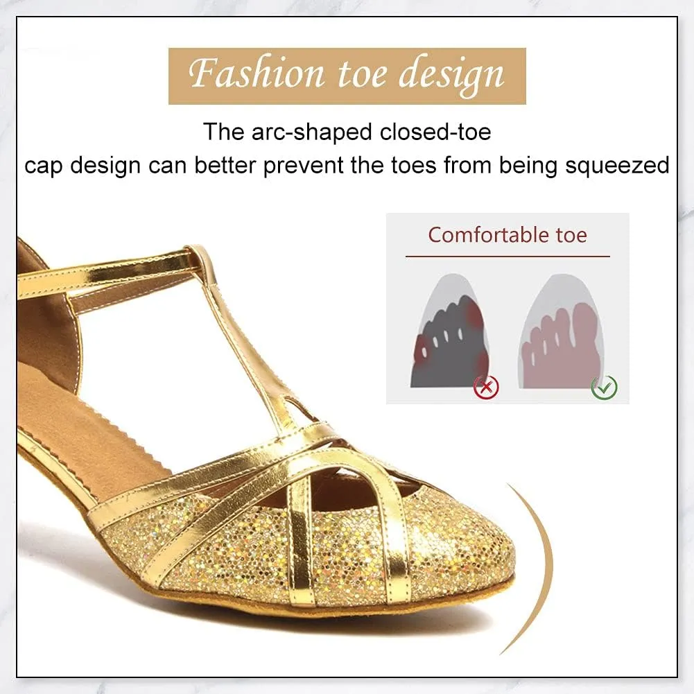 DKZSYIM Glitter Women Latin Dance Shoes Closed Toe Ballroom Salsa Tango Practice Performence Party Dancing Shoes,Model N511