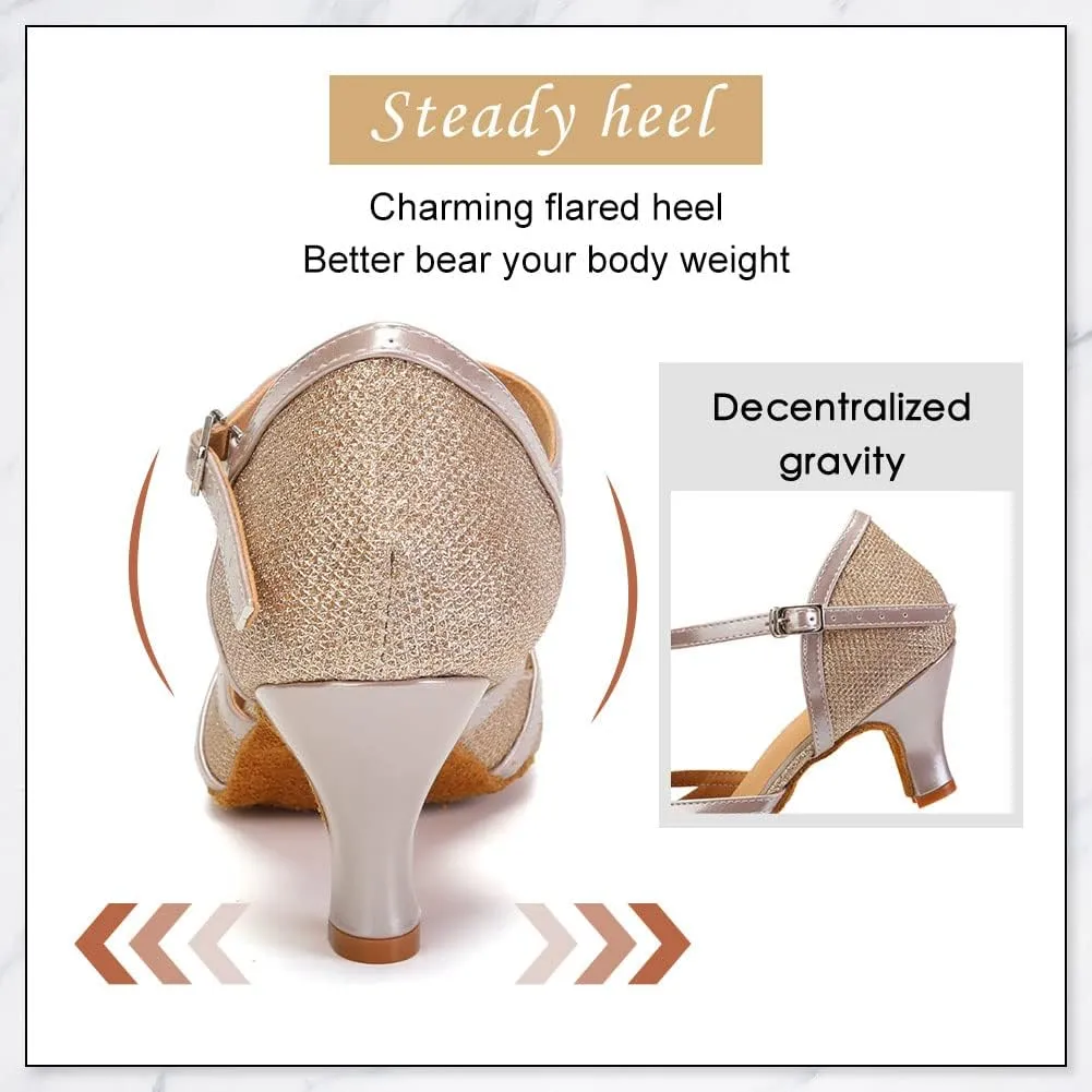DKZSYIM Glitter Women Latin Dance Shoes Closed Toe Ballroom Salsa Tango Practice Performence Party Dancing Shoes,Model N511