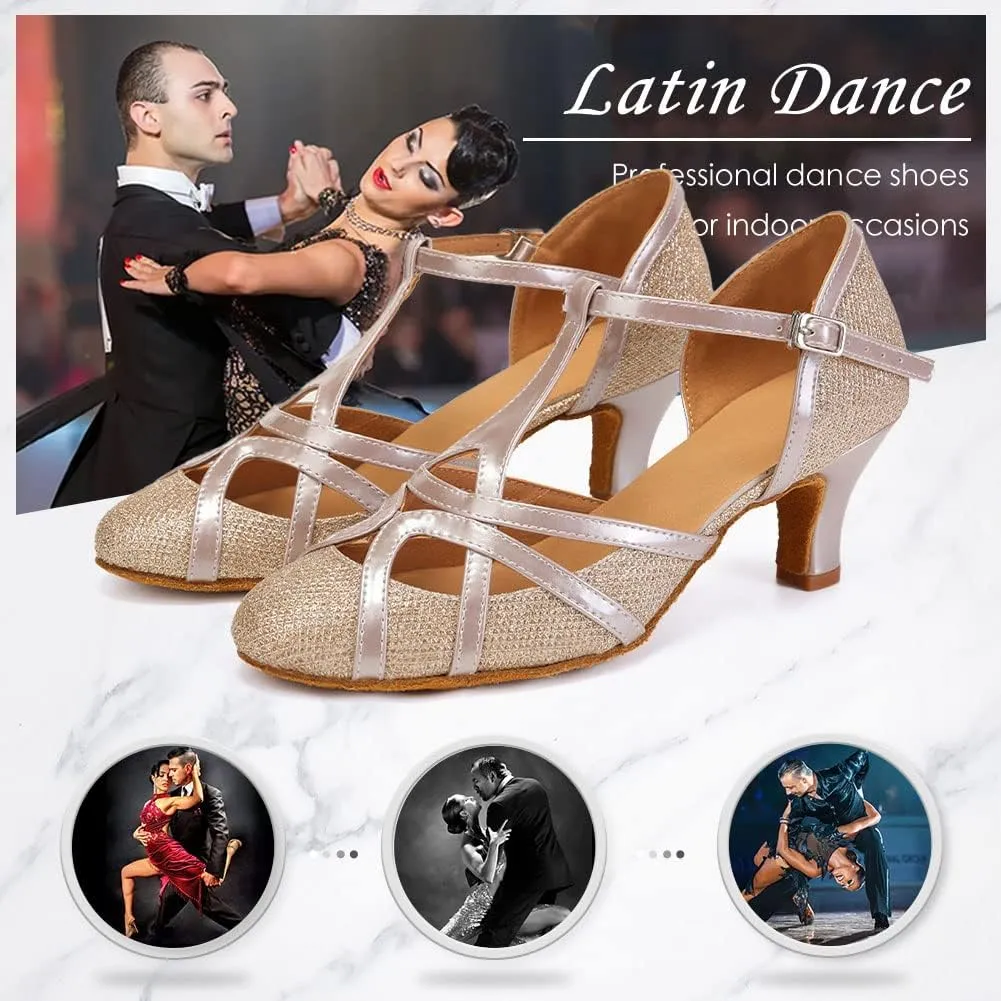 DKZSYIM Glitter Women Latin Dance Shoes Closed Toe Ballroom Salsa Tango Practice Performence Party Dancing Shoes,Model N511
