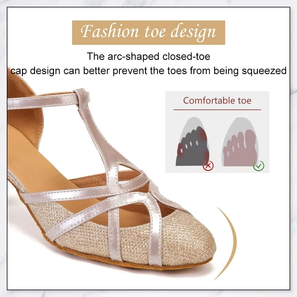 DKZSYIM Glitter Women Latin Dance Shoes Closed Toe Ballroom Salsa Tango Practice Performence Party Dancing Shoes,Model N511