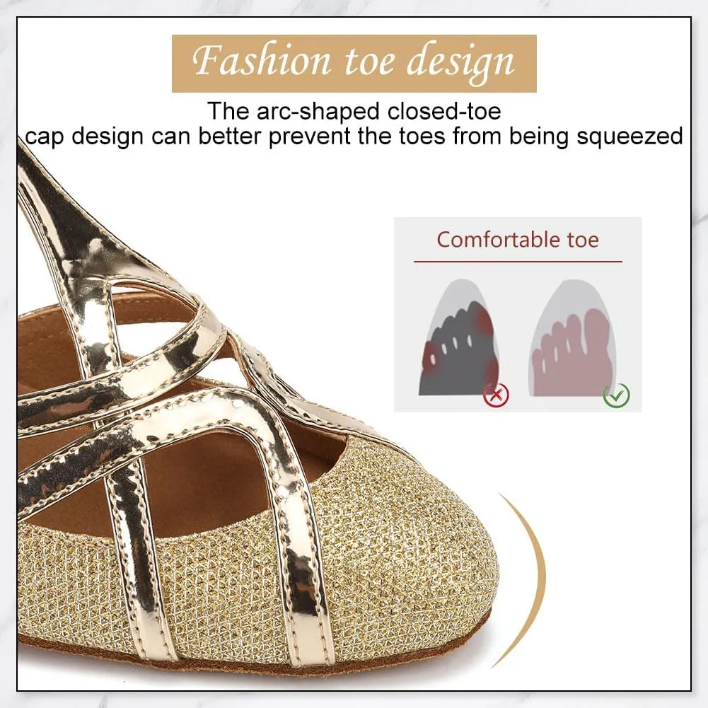DKZSYIM Glitter Women Latin Dance Shoes Closed Toe Ballroom Salsa Tango Practice Performence Party Dancing Shoes,Model N511