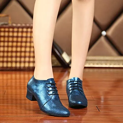 DKZSYIM Women's Fashion Mid Heel Lace-up Breathable Social Practice Ballroom Latin Dance Shoes