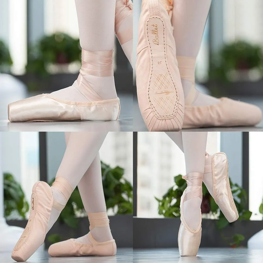 DKZSYIM Women's&Girls Pink Ballet Pointe Shoes with Ribbon Ballet Dance Toe Shoes Ballroom Performance Shoes,Model ZJBL