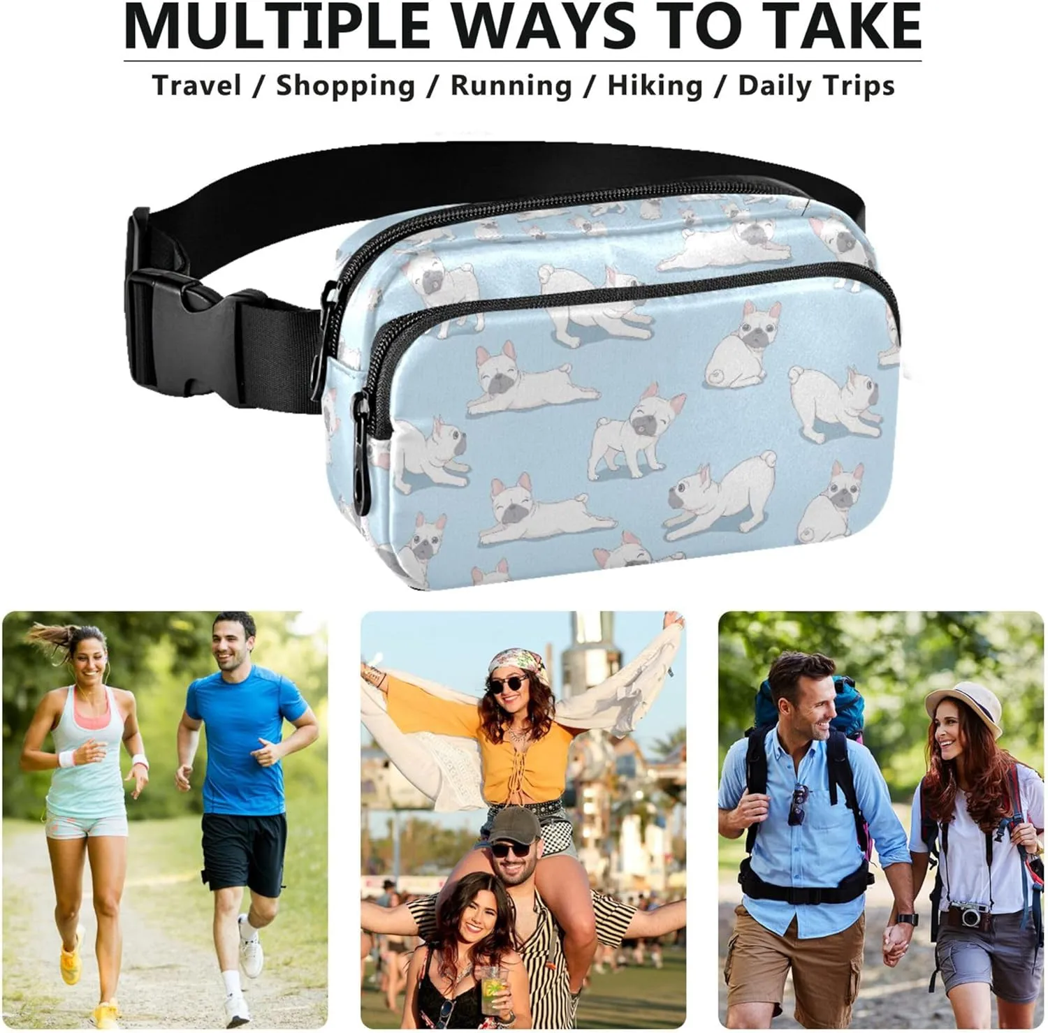 Dog French Bulldog Light Blue Women Fanny Packs Waterproof Everywhere Belt Bag Fashion Waist Bag for Women