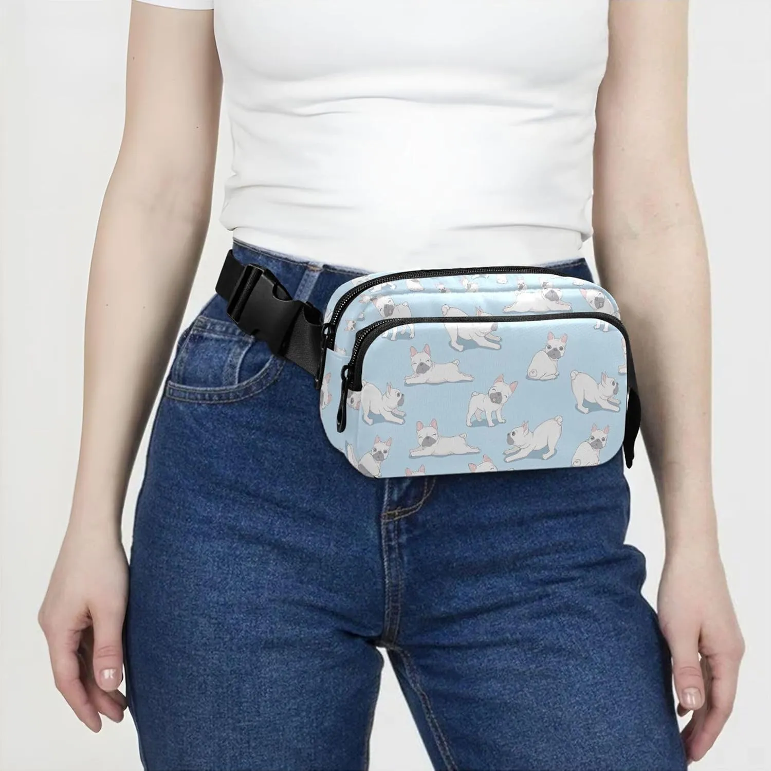 Dog French Bulldog Light Blue Women Fanny Packs Waterproof Everywhere Belt Bag Fashion Waist Bag for Women