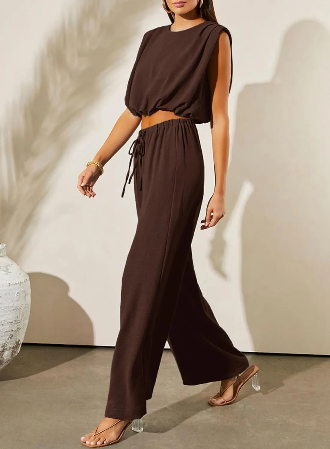 Dokotoo Summer 2 Piece Outfits for Women Sleeveless Crop Tank Tops and Wide Leg Pants with Pockets