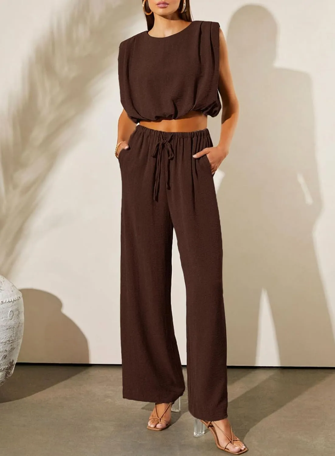Dokotoo Summer 2 Piece Outfits for Women Sleeveless Crop Tank Tops and Wide Leg Pants with Pockets