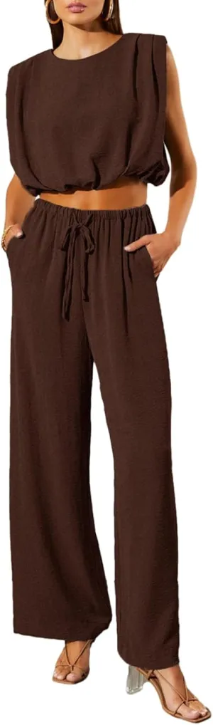 Dokotoo Summer 2 Piece Outfits for Women Sleeveless Crop Tank Tops and Wide Leg Pants with Pockets