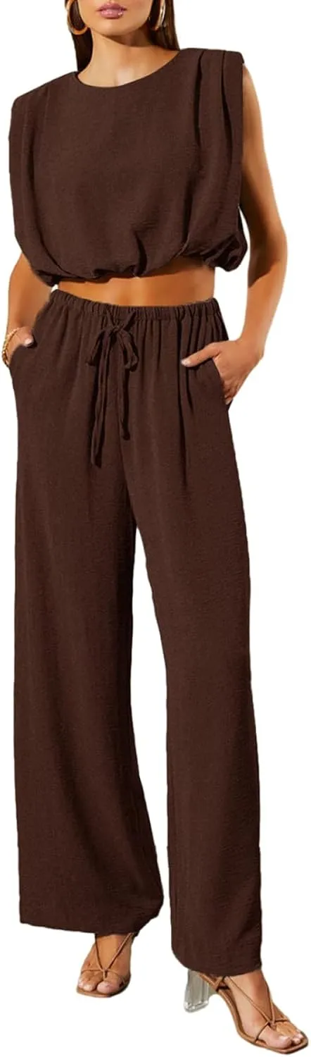 Dokotoo Summer 2 Piece Outfits for Women Sleeveless Crop Tank Tops and Wide Leg Pants with Pockets