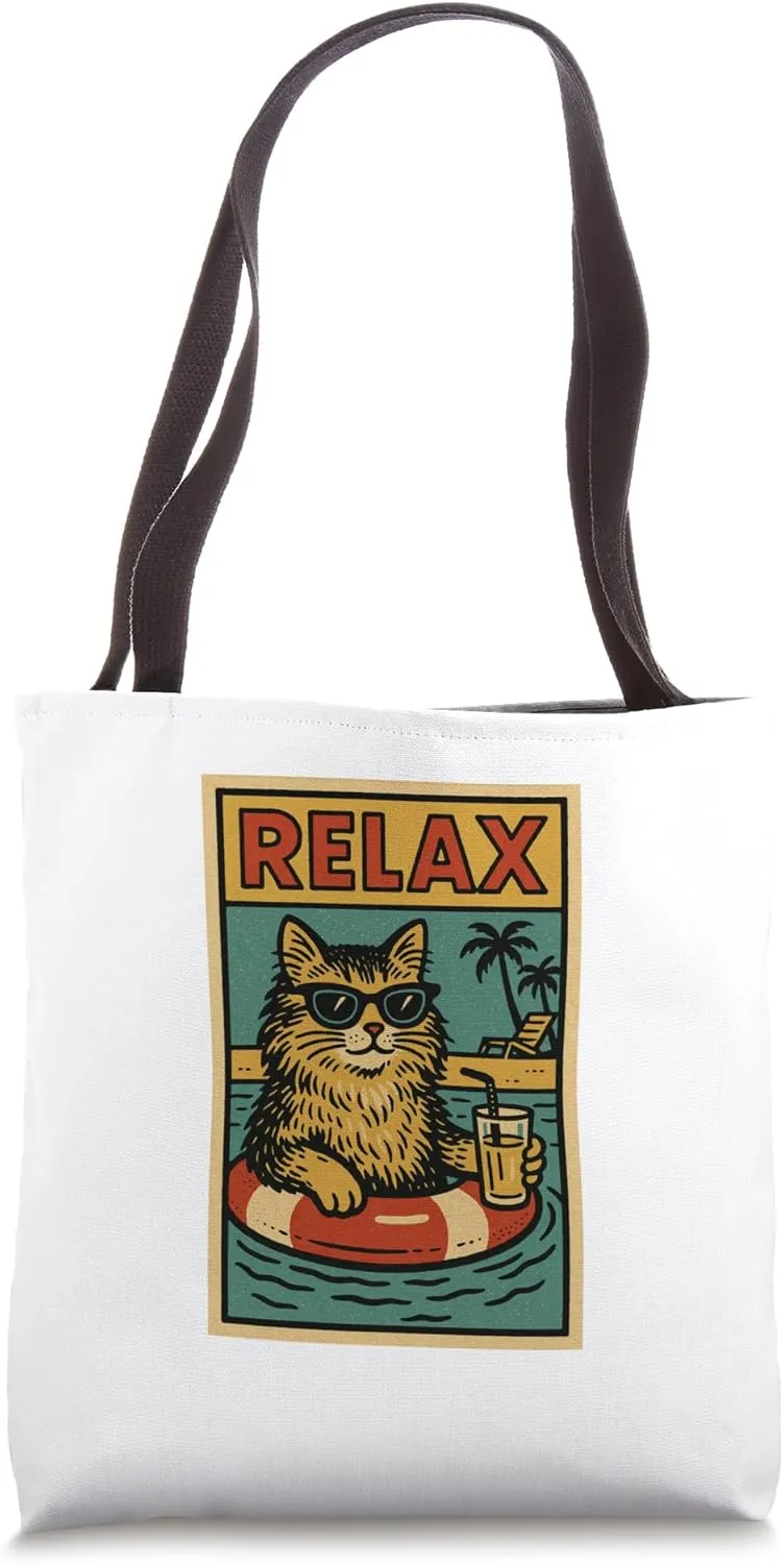 Domestic Longhair Cat Relaxing Beach Comic Book Style Relax Tote Bag