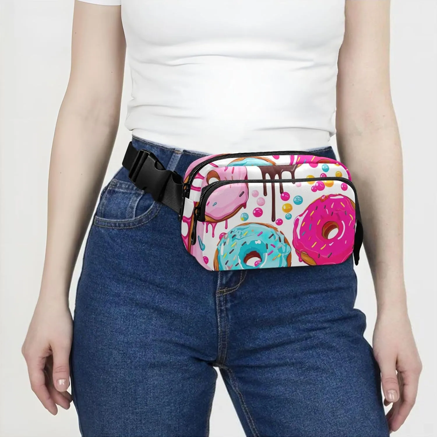 Donuts Pink Drip Print Women Fanny Packs Colorful Hip Pack Belt Pouch Waterproof Travel Waist Pouch