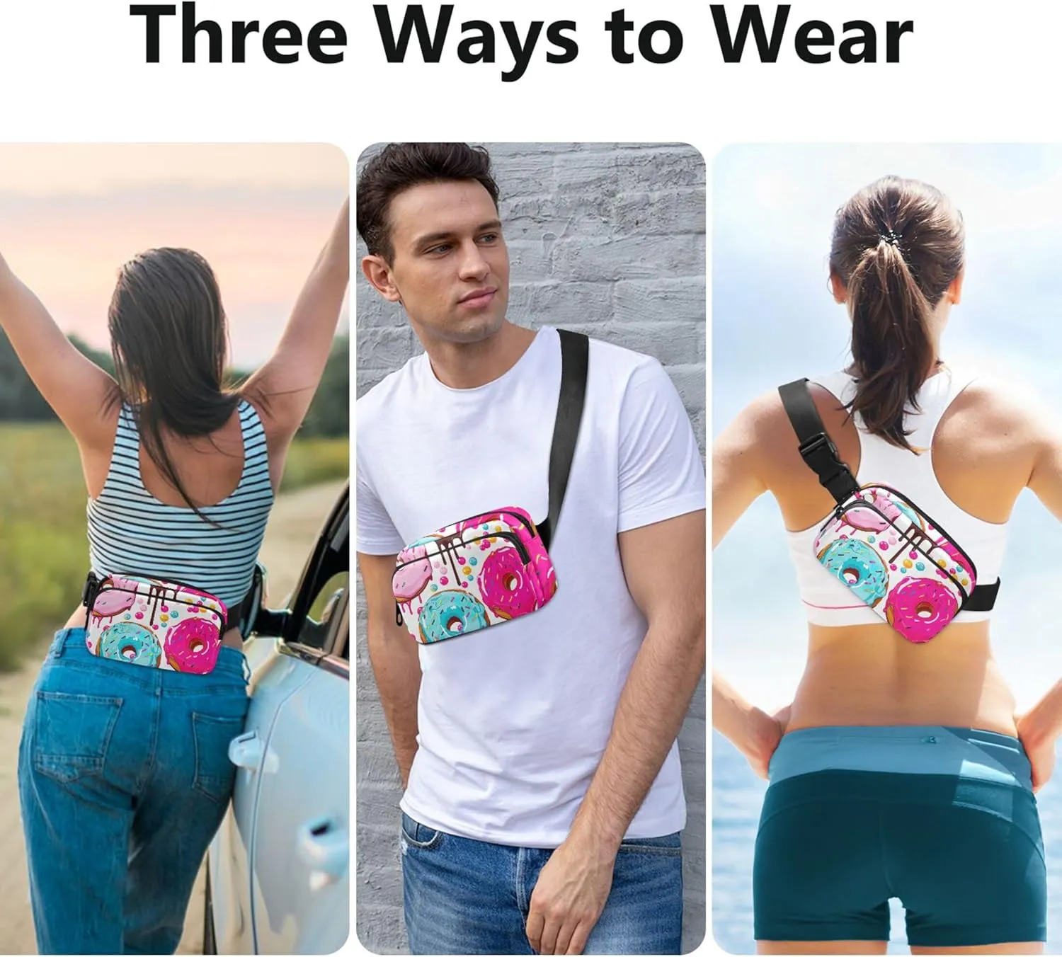 Donuts Pink Drip Print Women Fanny Packs Colorful Hip Pack Belt Pouch Waterproof Travel Waist Pouch