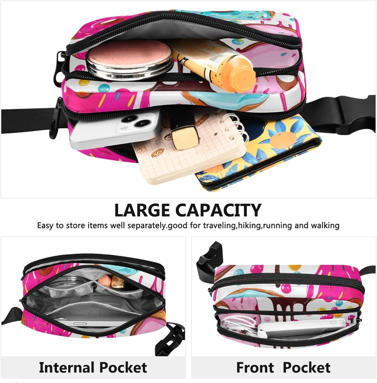Donuts Pink Drip Print Women Fanny Packs Colorful Hip Pack Belt Pouch Waterproof Travel Waist Pouch