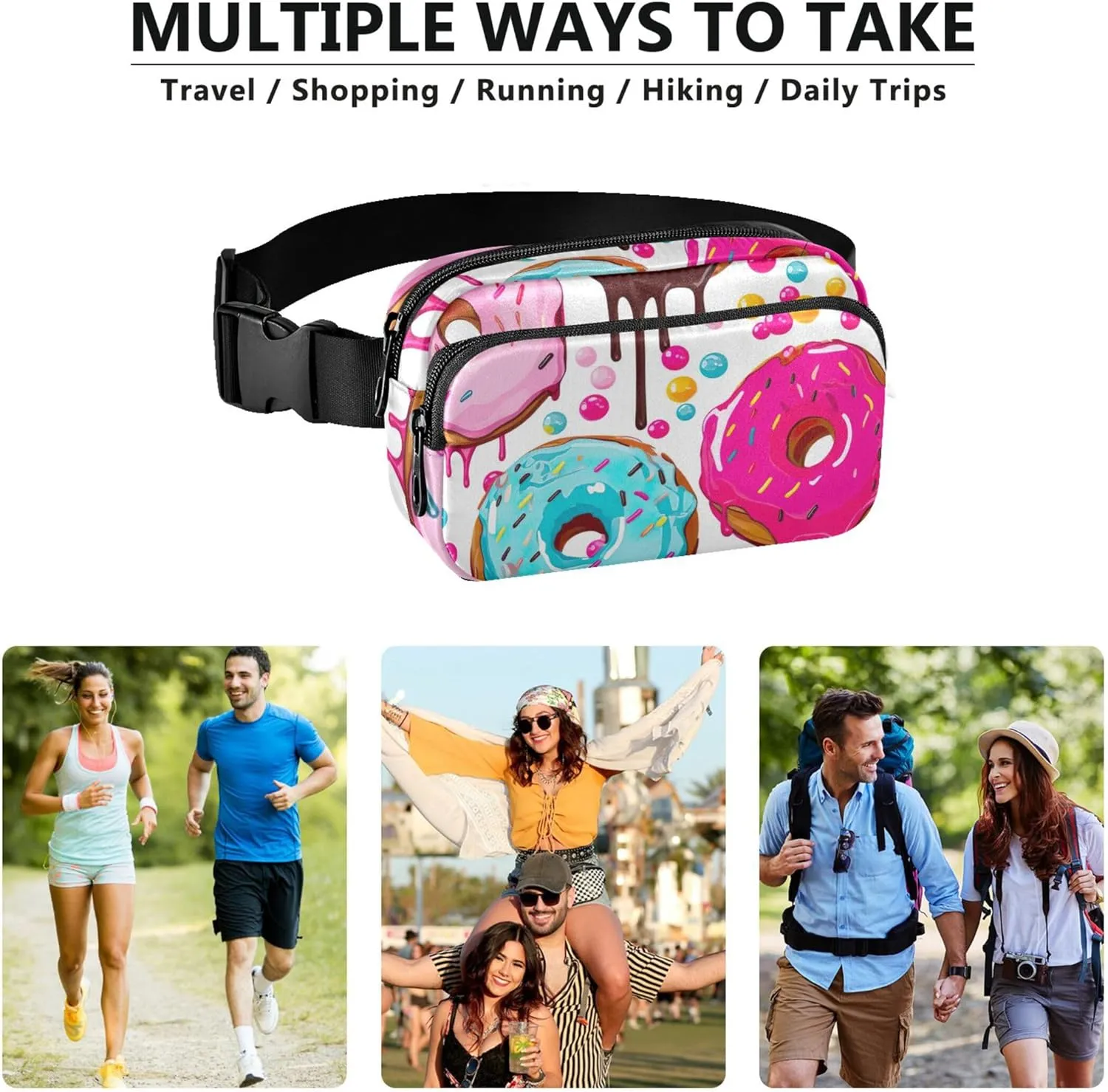 Donuts Pink Drip Print Women Fanny Packs Colorful Hip Pack Belt Pouch Waterproof Travel Waist Pouch
