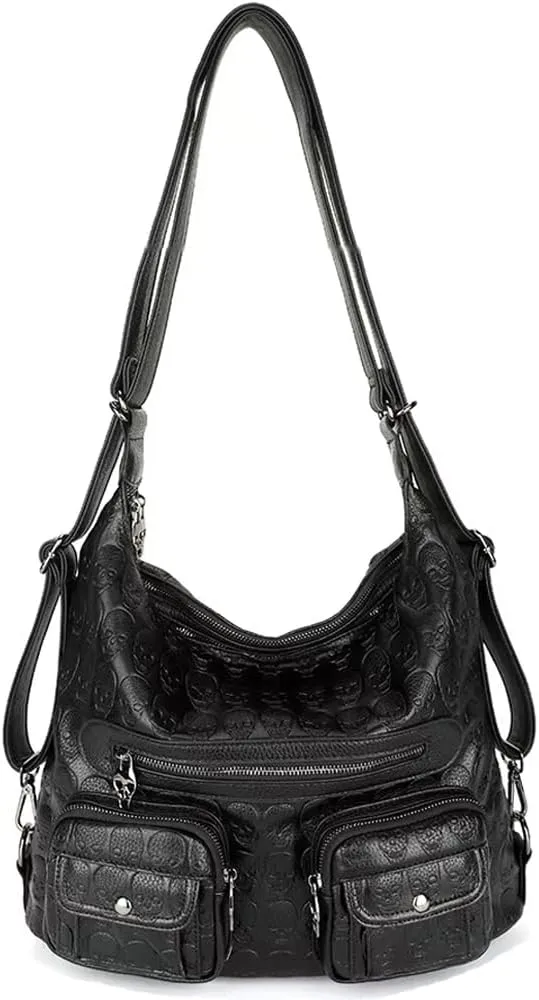 Downupdown Skull Print Shoulder Bags Women Vintage Hobo Handbags Soft Leather Purse Gothic Backpack Satchel Punk Tote Bags
