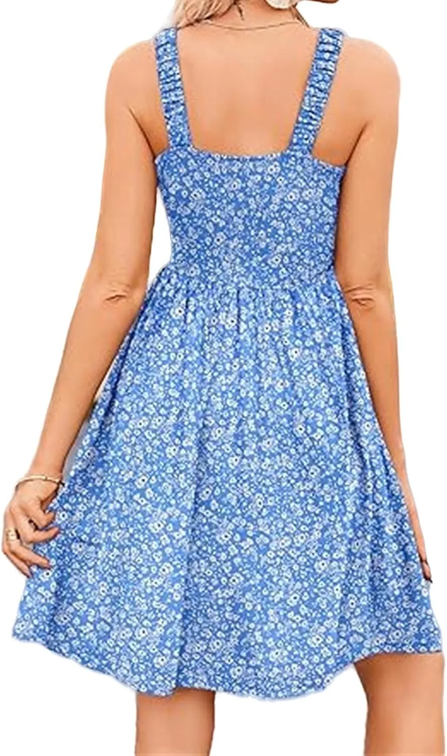Dresses for Women Summer Floral Boho Beach Dress Elastic Waist Ruffle Mini Dresses Cute Sleeveless Square Neck Dress