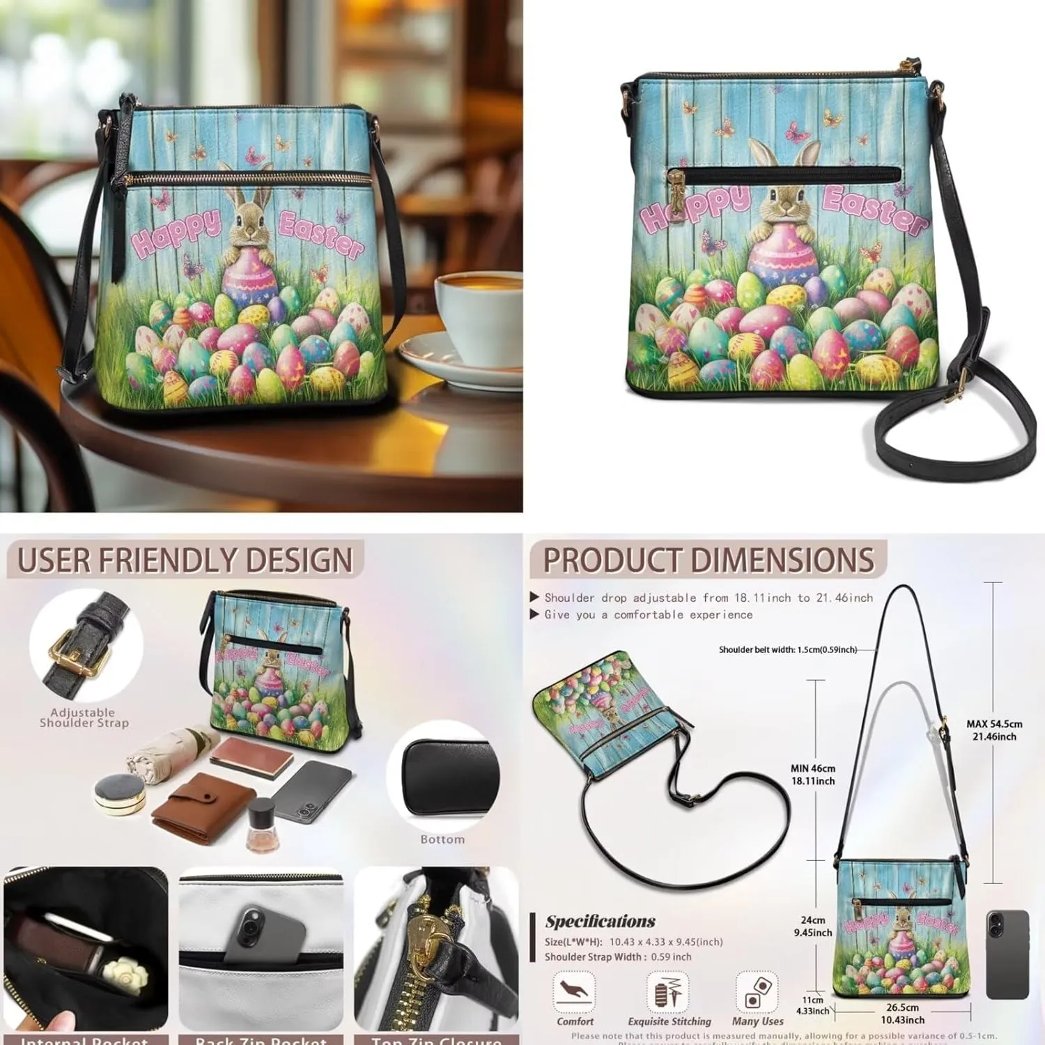 Easter Pattern Large Crossbody Bags Ladies Shoulder Handbags Purse and Wallet Set for Women Girls