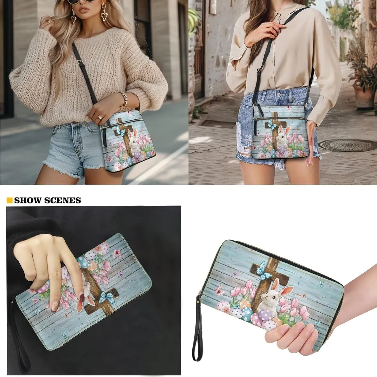 Easter Pattern Large Crossbody Bags Ladies Shoulder Handbags Purse and Wallet Set for Women Girls