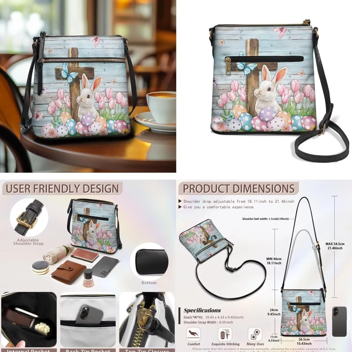 Easter Pattern Large Crossbody Bags Ladies Shoulder Handbags Purse and Wallet Set for Women Girls