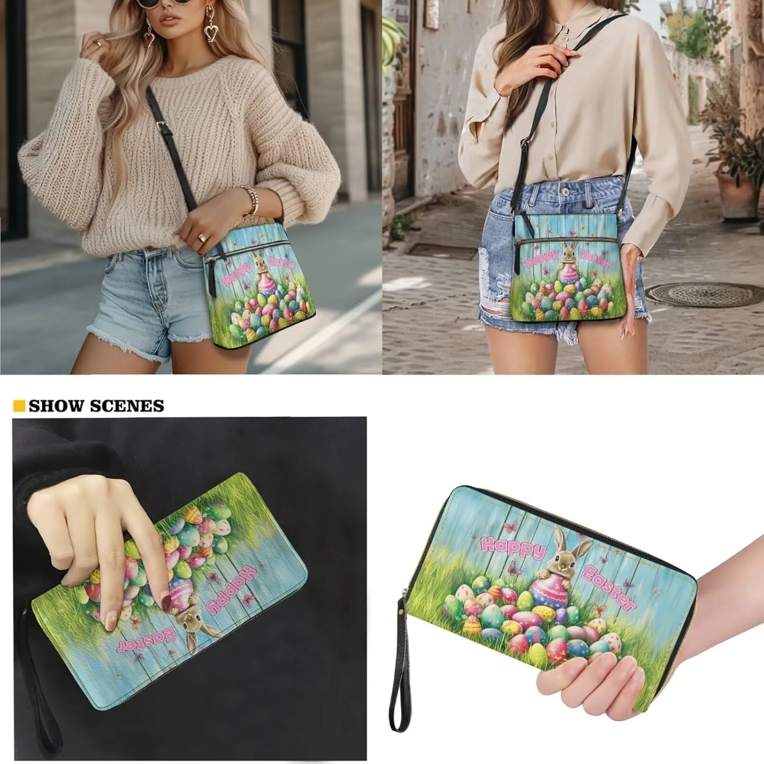 Easter Pattern Large Crossbody Bags Ladies Shoulder Handbags Purse and Wallet Set for Women Girls