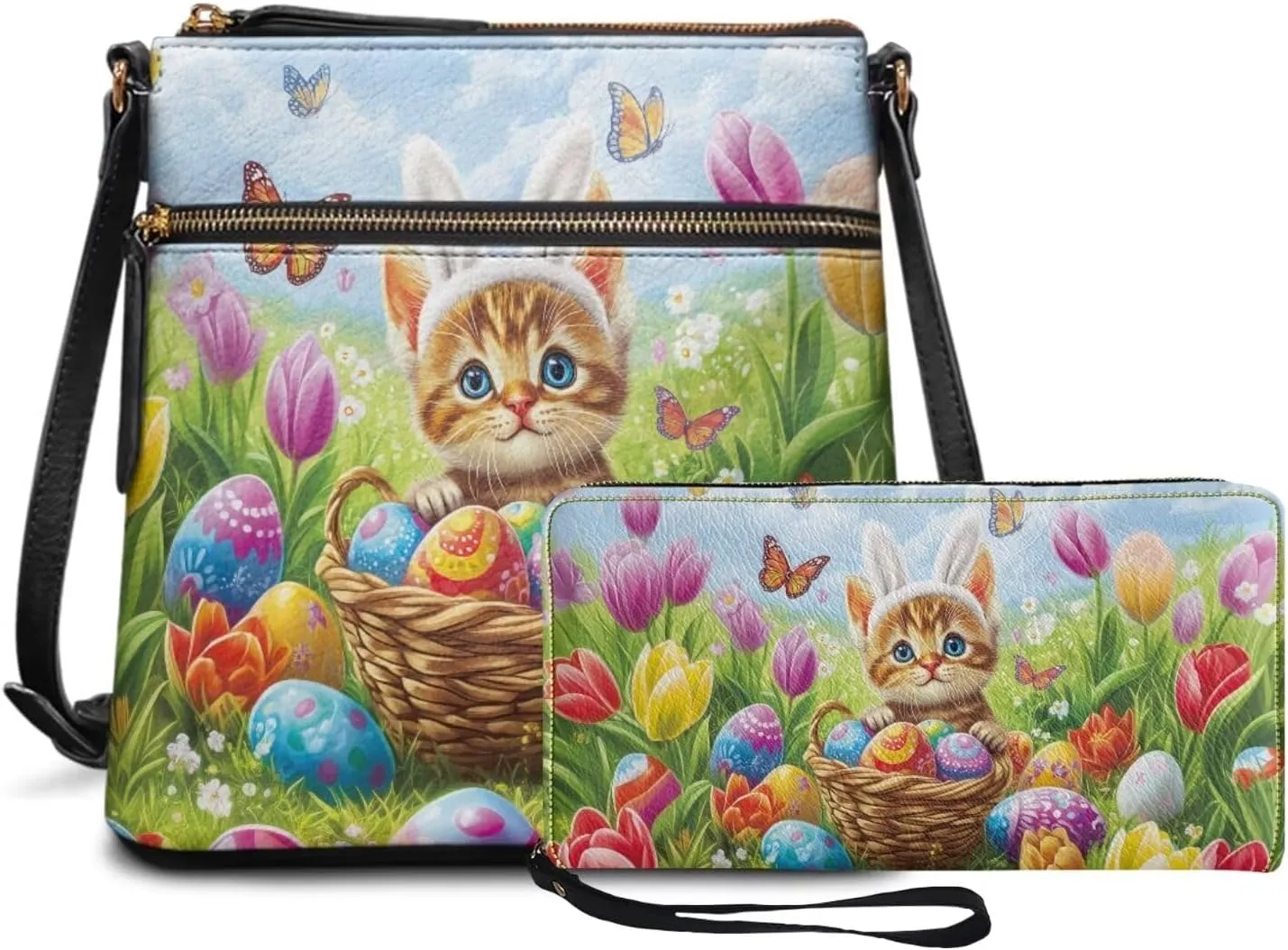 Easter Pattern Large Crossbody Bags Ladies Shoulder Handbags Purse and Wallet Set for Women Girls