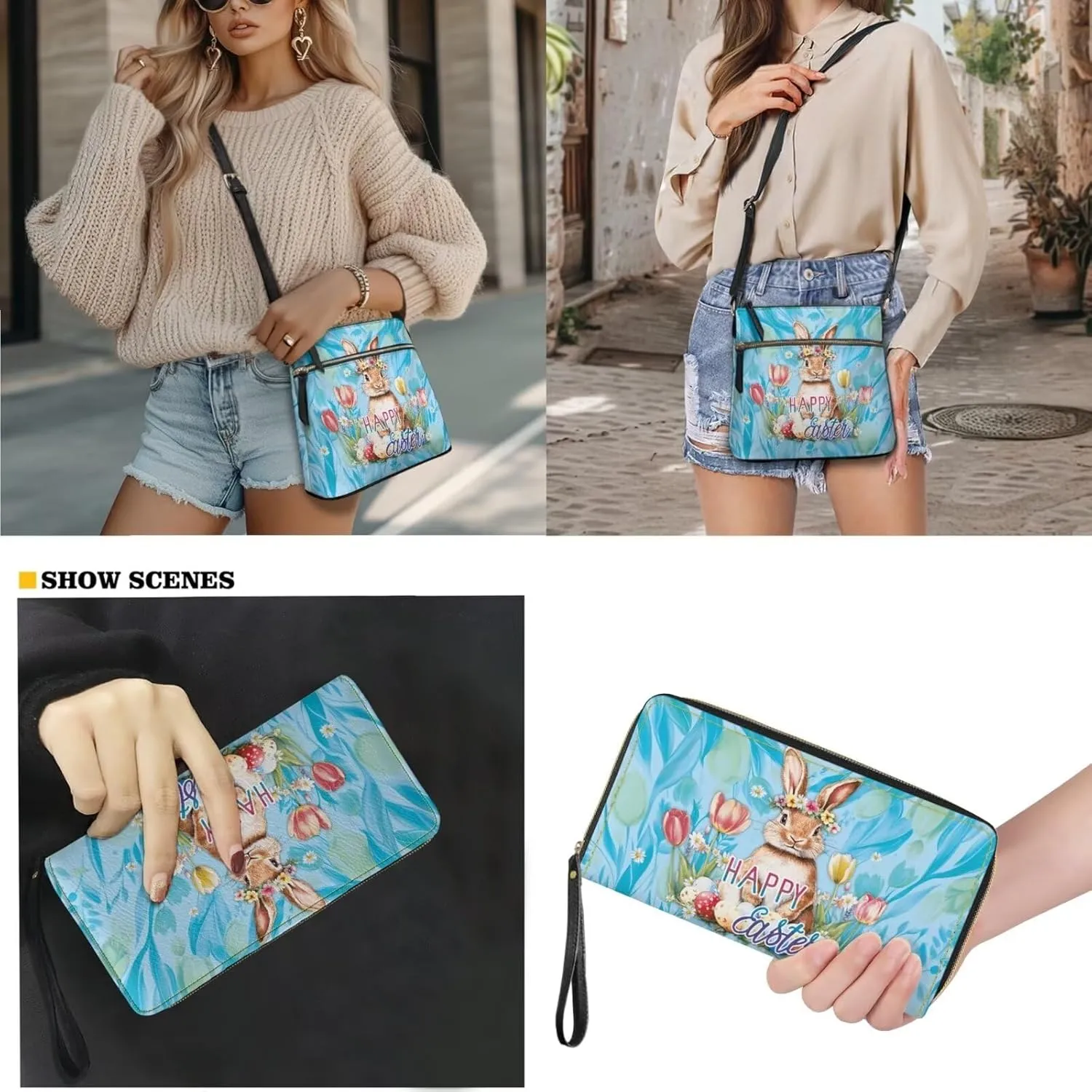 Easter Pattern Large Crossbody Bags Ladies Shoulder Handbags Purse and Wallet Set for Women Girls
