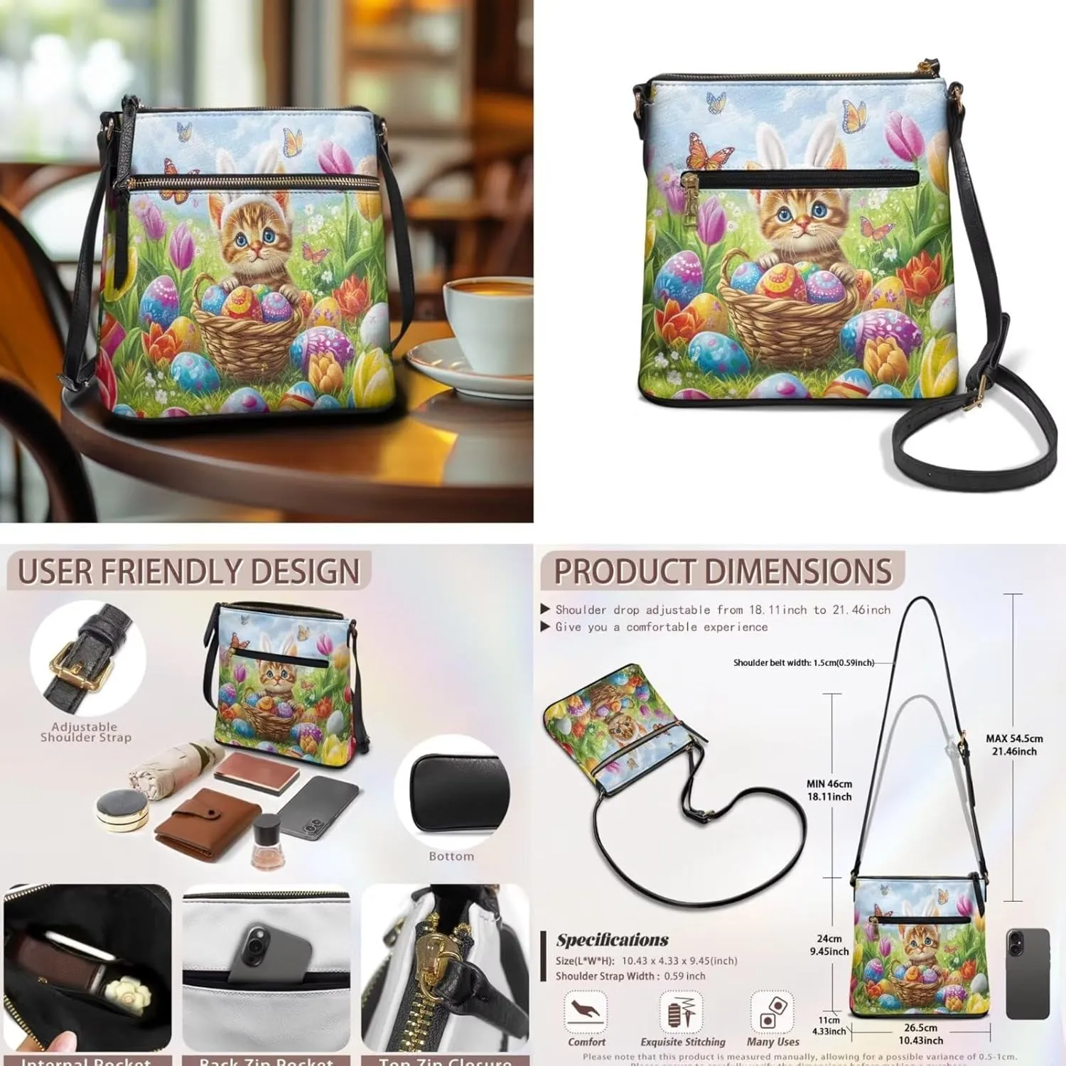 Easter Pattern Large Crossbody Bags Ladies Shoulder Handbags Purse and Wallet Set for Women Girls