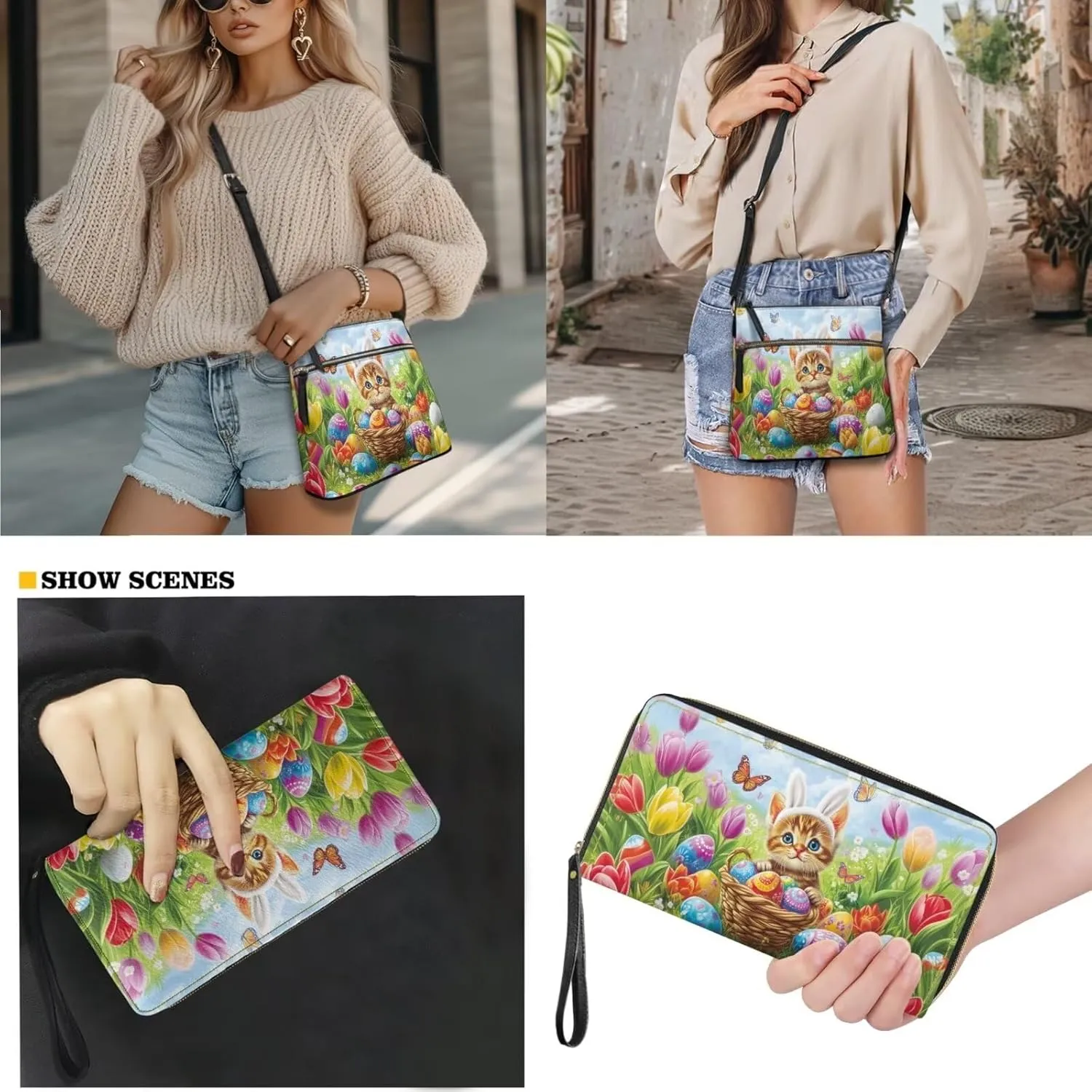 Easter Pattern Large Crossbody Bags Ladies Shoulder Handbags Purse and Wallet Set for Women Girls