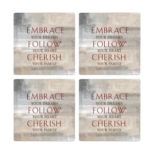 Embrace Follow Cherish Grey 4 x 4 Absorbent Ceramic Square Coasters Pack of 4