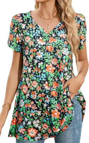 ENMAIN Womens Tunics Tops Plus Size Short Sleeve Swing Blouses Loose Fit Dressy Casual Summer Shirts to Wear with Leggings