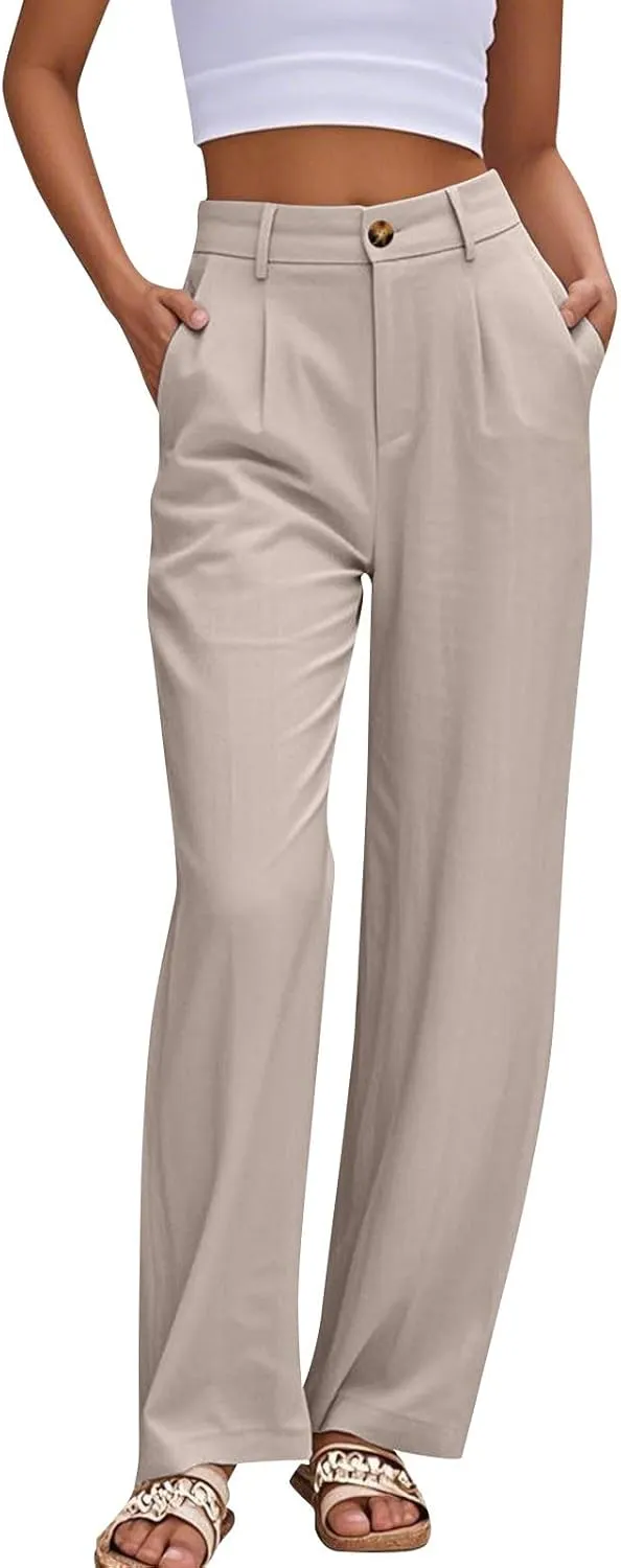 fanmpghleoo Dress Pants Women High Waisted Straight Leg Linen Trousers with Pockets Business Casual Work Linen Pants Summer