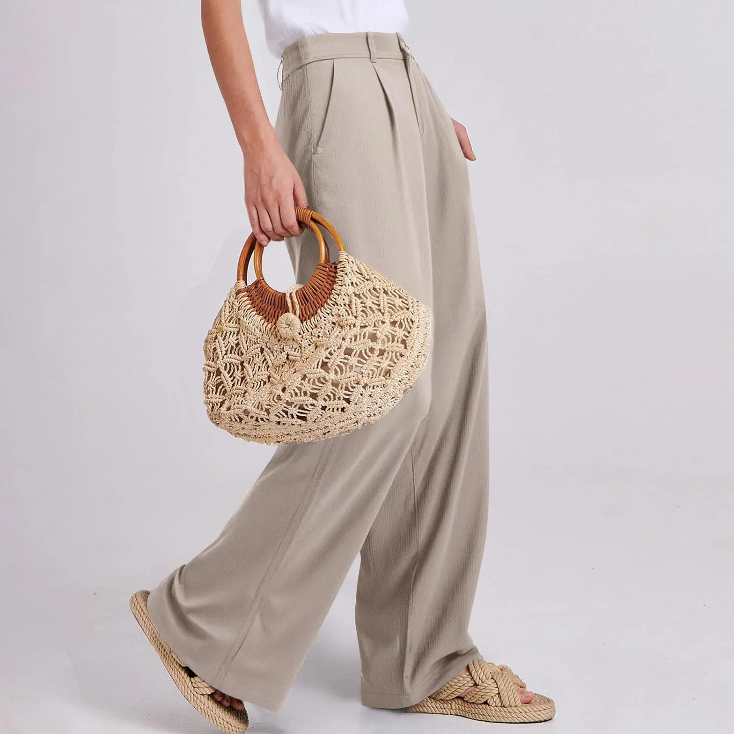 fanmpghleoo Dress Pants Women High Waisted Straight Leg Linen Trousers with Pockets Business Casual Work Linen Pants Summer