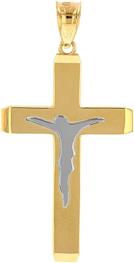 Fine 14k Two-Tone Gold Jesus Silhouette Crucifix Cross Pendant (1.75")