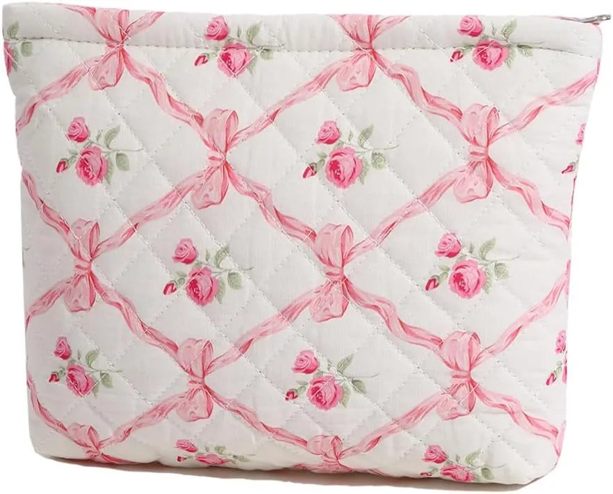 FITINI Makeup Bag Travel Large Portable Quilted Floral Print Cosmetic Organizer Cute Pouch for Women Soft Cotton Zipper Waterproof Toiletry Storage Bags