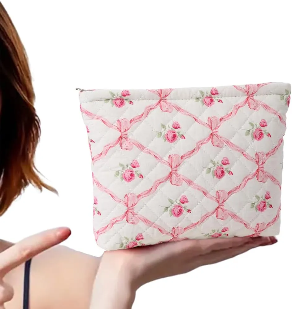 FITINI Makeup Bag Travel Large Portable Quilted Floral Print Cosmetic Organizer Cute Pouch for Women Soft Cotton Zipper Waterproof Toiletry Storage Bags