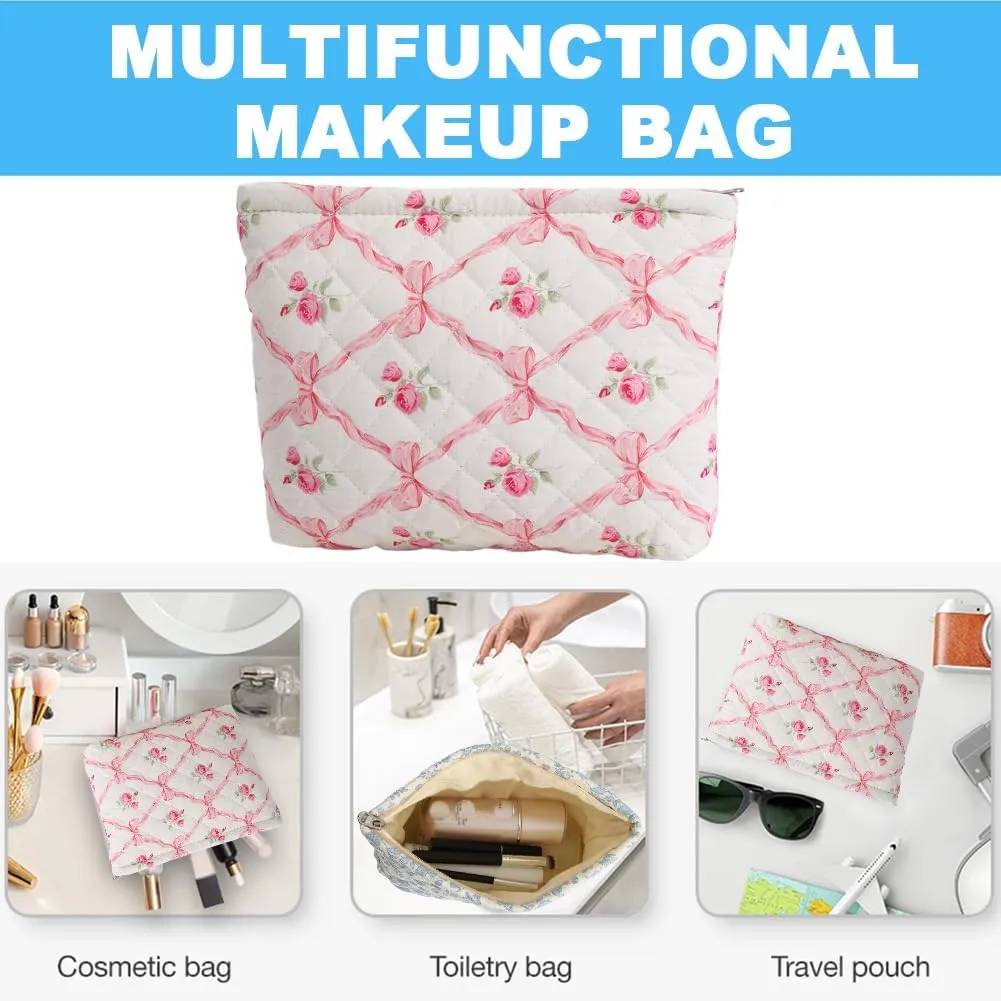 FITINI Makeup Bag Travel Large Portable Quilted Floral Print Cosmetic Organizer Cute Pouch for Women Soft Cotton Zipper Waterproof Toiletry Storage Bags