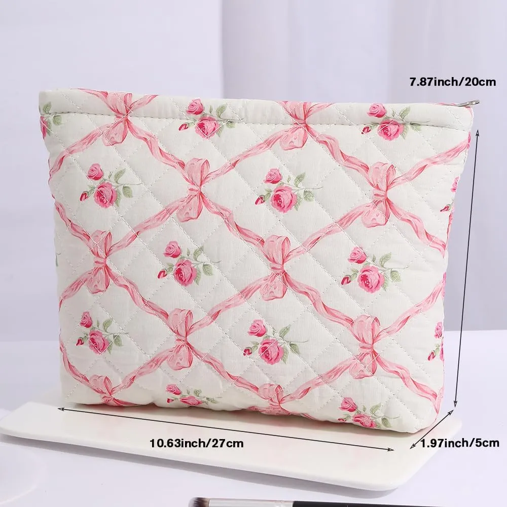 FITINI Makeup Bag Travel Large Portable Quilted Floral Print Cosmetic Organizer Cute Pouch for Women Soft Cotton Zipper Waterproof Toiletry Storage Bags