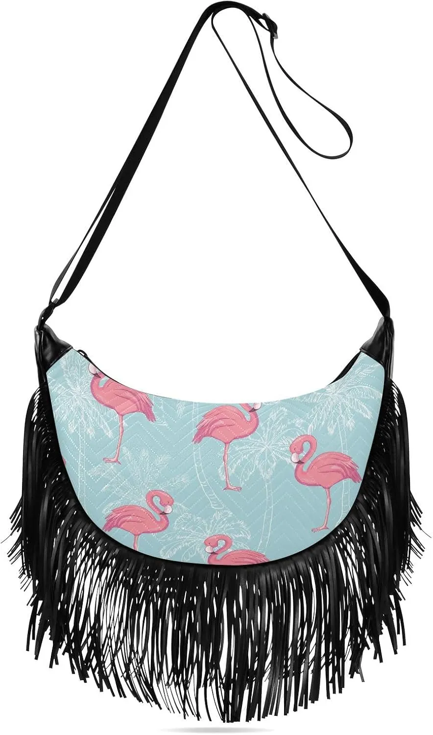 Flamingos Pattern Women Tassel Fringe Shoulder bag, Fringe Purse Crossbody, Women Tassel Hobo Bag with Zipper