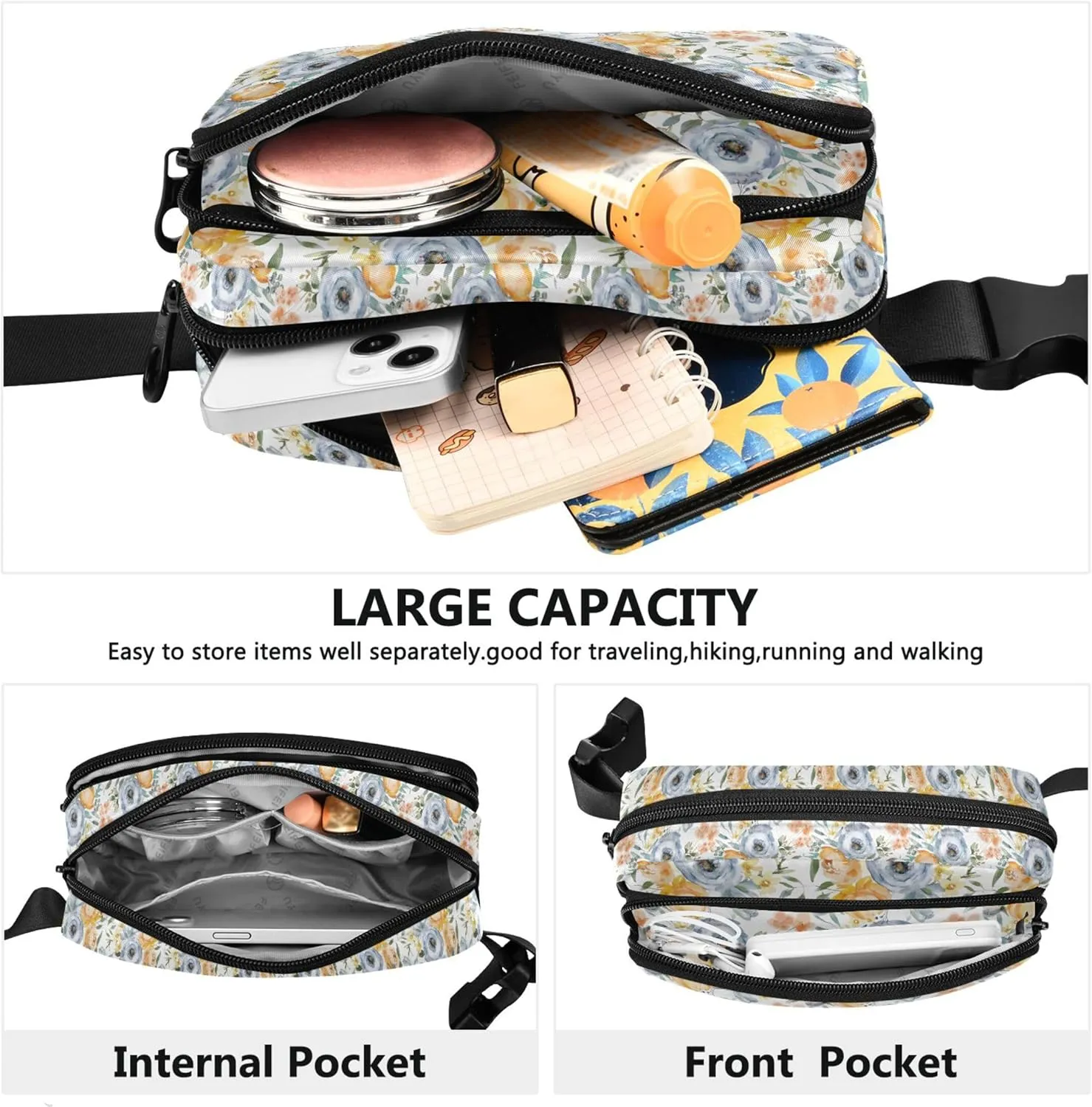 Floral Leaf Flowers Fanny Packs for Women Belt Bag Hip Pouch Waterproof Bright Color Travel Waist Pouch
