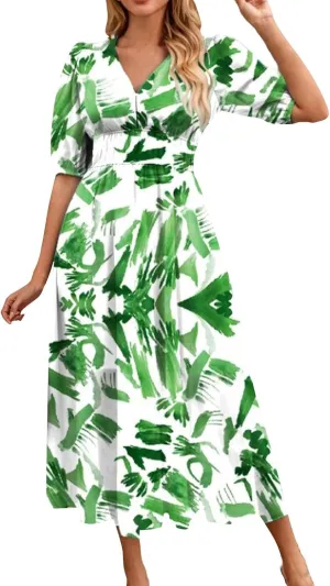 Floral Maxi Dresses for Women Summer V-Neck Short Sleeve Loose Fit Pretty Sundresses Simple Holiday Maxi Dress