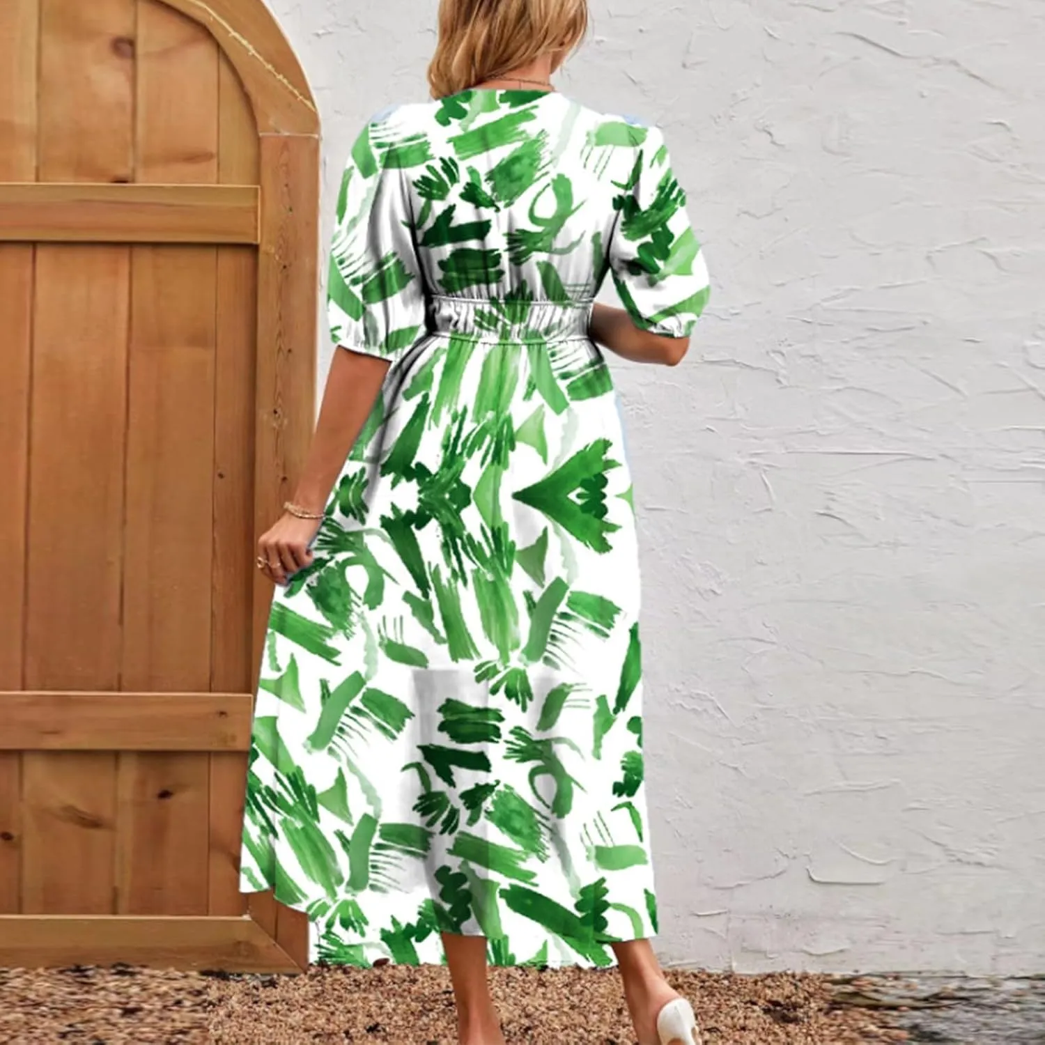 Floral Maxi Dresses for Women Summer V-Neck Short Sleeve Loose Fit Pretty Sundresses Simple Holiday Maxi Dress