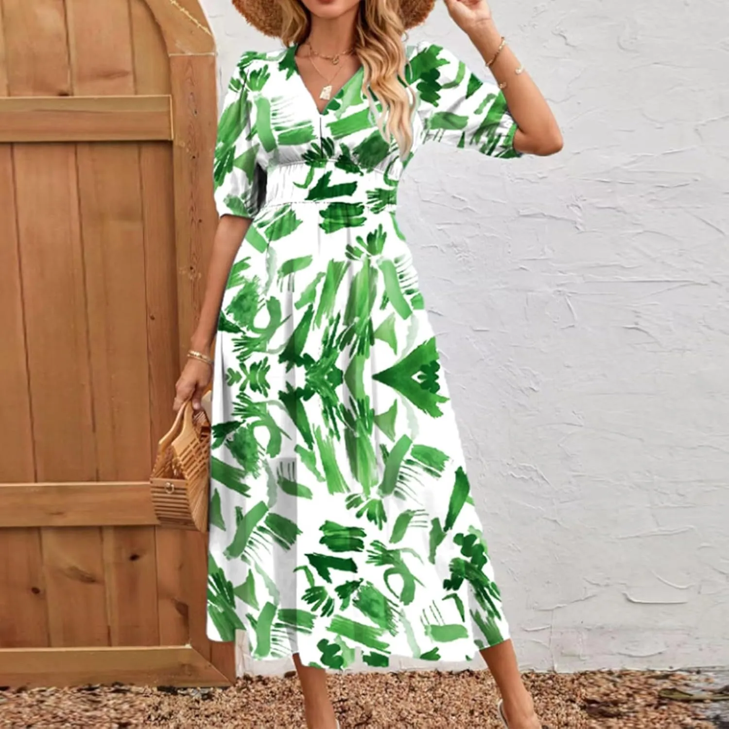 Floral Maxi Dresses for Women Summer V-Neck Short Sleeve Loose Fit Pretty Sundresses Simple Holiday Maxi Dress