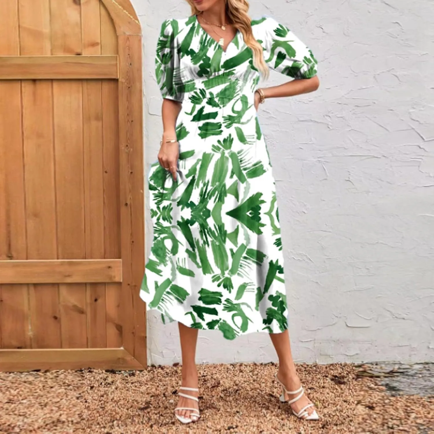 Floral Maxi Dresses for Women Summer V-Neck Short Sleeve Loose Fit Pretty Sundresses Simple Holiday Maxi Dress