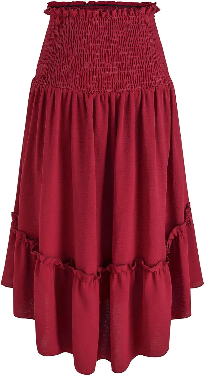 Flowy Skirts for Women Retro Victorian Gothic Skirt Dress Summer Causal Smocked Waist Tiered Pleated Ruffle Skirts