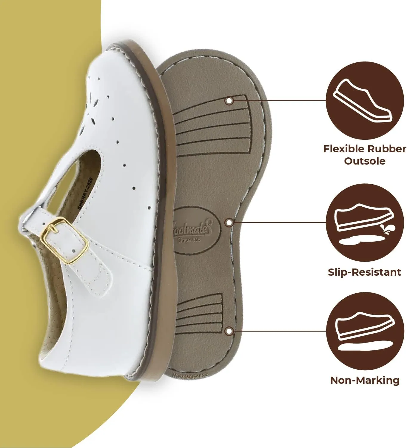 FOOTMATES Sherry Mary Jane Hook and Loop Leather T-Strap Shoes with Wide Toe Box and Custom-Fit Insoles, Non-Marking Outsoles - for Toddlers and Kids, Ages 1-8