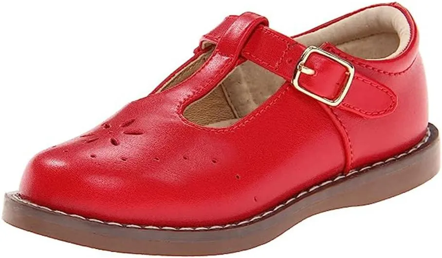 FOOTMATES Sherry Mary Jane Hook and Loop Leather T-Strap Shoes with Wide Toe Box and Custom-Fit Insoles, Non-Marking Outsoles - for Toddlers and Kids, Ages 1-8